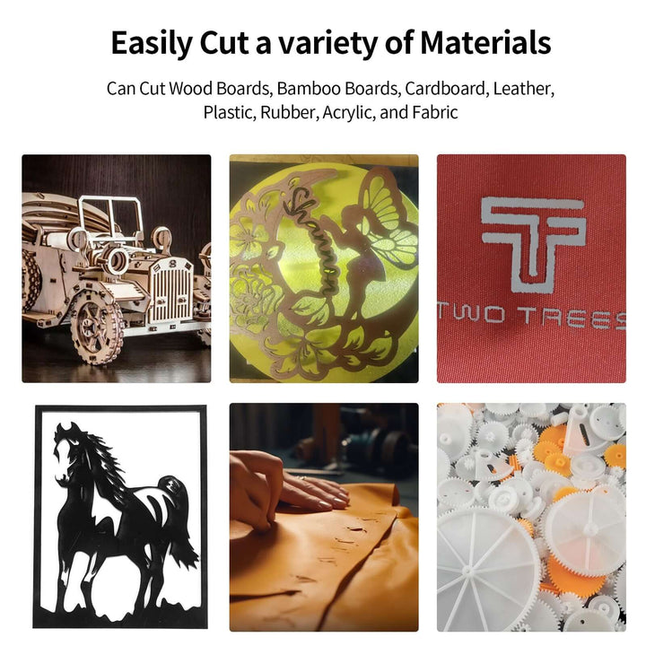 Collage of laser-cut items including a car model, fairy design, logo, horse silhouette, and various objects with text 'Easily Cut a variety of Materials'. Twotrees TTS-10 Pro Diode Laser Engraver High Precision Engraving and Cutting | Twotrees Laser Engraver