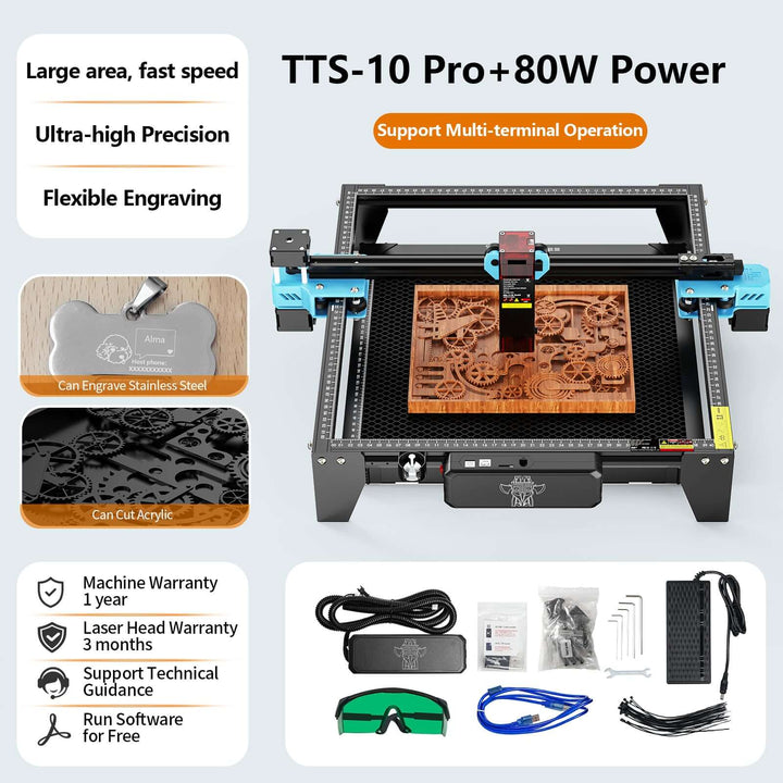 Laser cutting machine with features and accessories on a white background Twotrees TTS-10 Pro Diode Laser Engraver High Precision Engraving and Cutting | Twotrees Laser Engraver