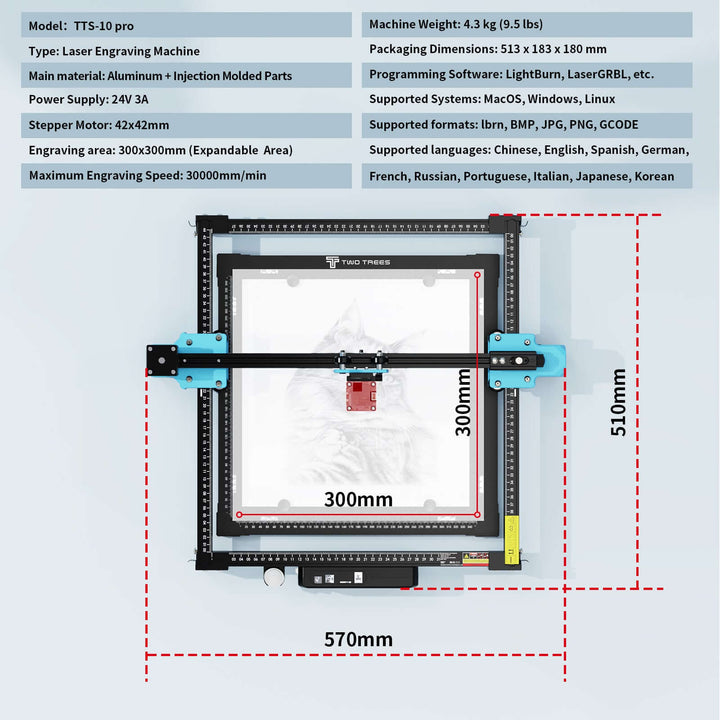 Laser engraving machine with dimensions and specifications on a light blue background Twotrees TTS-10 Pro Diode Laser Engraver High Precision Engraving and Cutting | Twotrees Laser Engraver