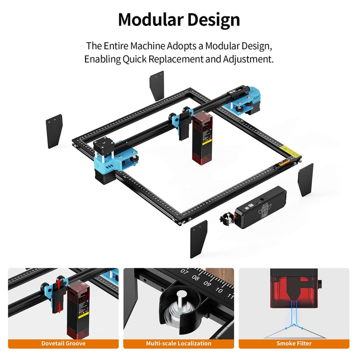 Modular machine design with components and features highlighted on a white background Twotrees TTS-10 Pro Diode Laser Engraver High Precision Engraving and Cutting | Twotrees Laser Engraver