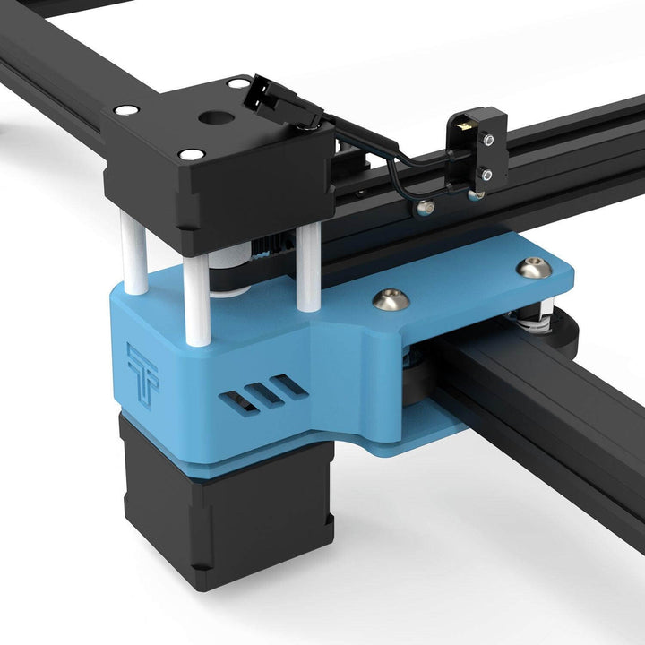 Close-up of a 3D printer mechanism with blue and black components on a white background Twotrees TTS-20 20W Laser Engraver Machine High Precision and Versatile Engraving | Twotrees Laser Engraver