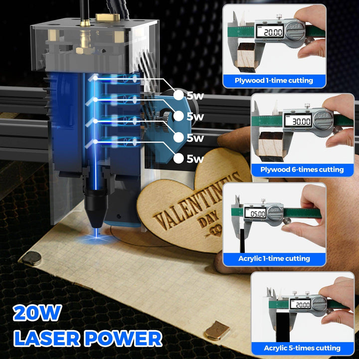 Laser engraving machine with wood and acrylic samples, showing cutting measurements. Twotrees TTS-20 20W Laser Engraver Machine High Precision and Versatile Engraving | Twotrees Laser Engraver