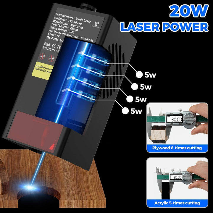 20W laser power device with laser light output and cutting demonstrations on a black background Twotrees TTS-20 20W Laser Engraver Machine High Precision and Versatile Engraving | Twotrees Laser Engraver