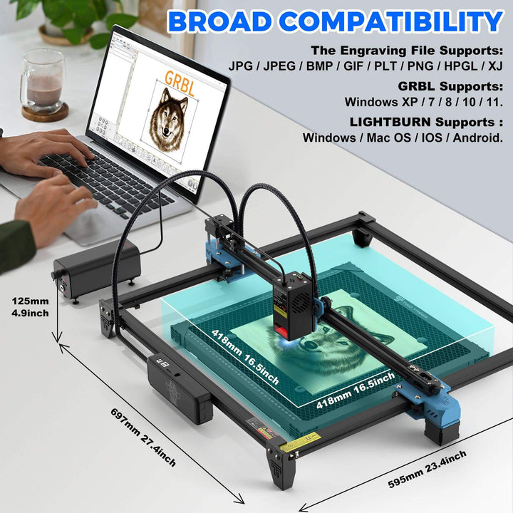 3D printer with computer setup and compatibility information displayed. Twotrees TTS-20 20W Laser Engraver Machine High Precision and Versatile Engraving | Twotrees Laser Engraver