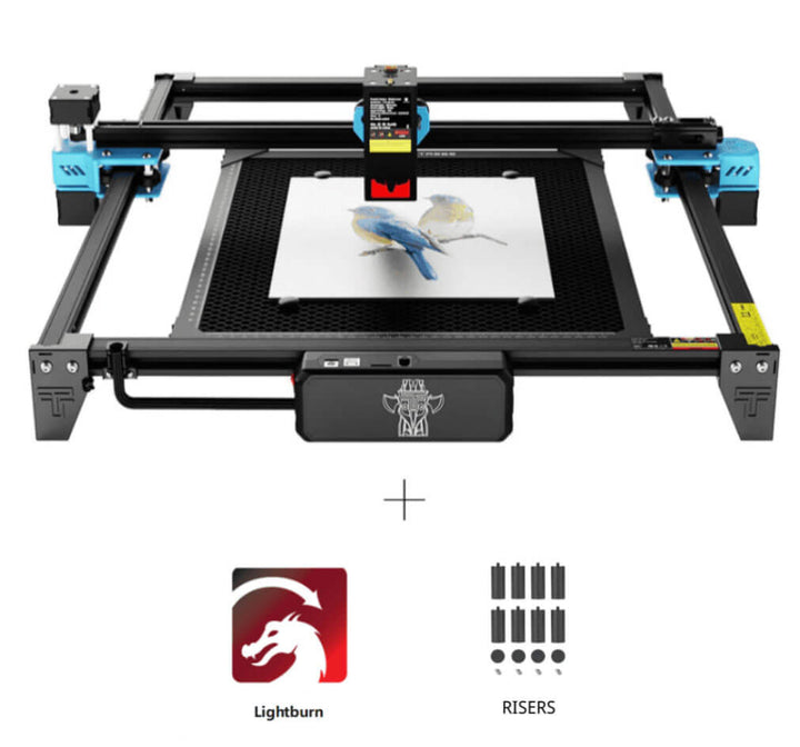 CNC machine with a printed design on a white background, featuring Lightburn logo and risers. Twotrees TTS-20 20W Laser Engraver Machine High Precision and Versatile Engraving | Twotrees Laser Engraver