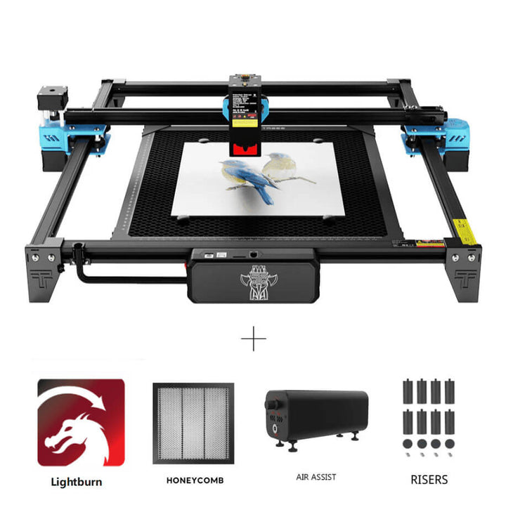 Laser engraving machine with a bird design on a white background, featuring Lightburn, Honeycomb, Air Assist, and Risers. Twotrees TTS-20 20W Laser Engraver Machine High Precision and Versatile Engraving | Twotrees Laser Engraver