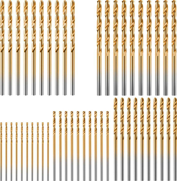 Set of gold and silver drill bits arranged in rows on a white background Twotrees Titanium Coated Drill Bit Set of 50-Piece for CNC Routers | Twotrees CNC Router Bits