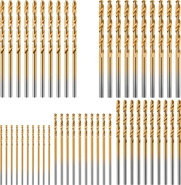 Set of gold and silver drill bits arranged in rows on a white background Twotrees Titanium Coated Drill Bit Set of 50-Piece for CNC Routers | Twotrees CNC Router Bits