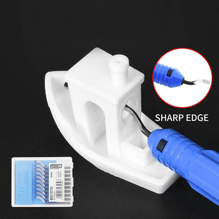 White tool with blue component on a black background, showing a close-up of the sharp edge. Twotrees Trimming Knife Scraper for 3D Printing Tools | Twotrees CNC Router Parts Accessories