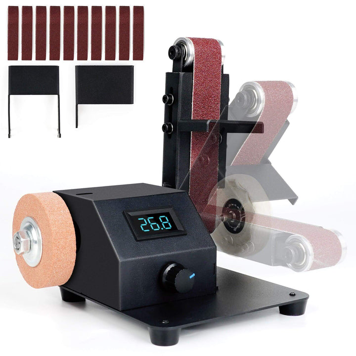Belt sander with digital display and sandpaper on a white background Twotrees Versatile Belt Sander Horizontal & Vertical Use with Stepless Speed Control for Polishing & Grinding | Twotrees CNC Router Parts Accessories
