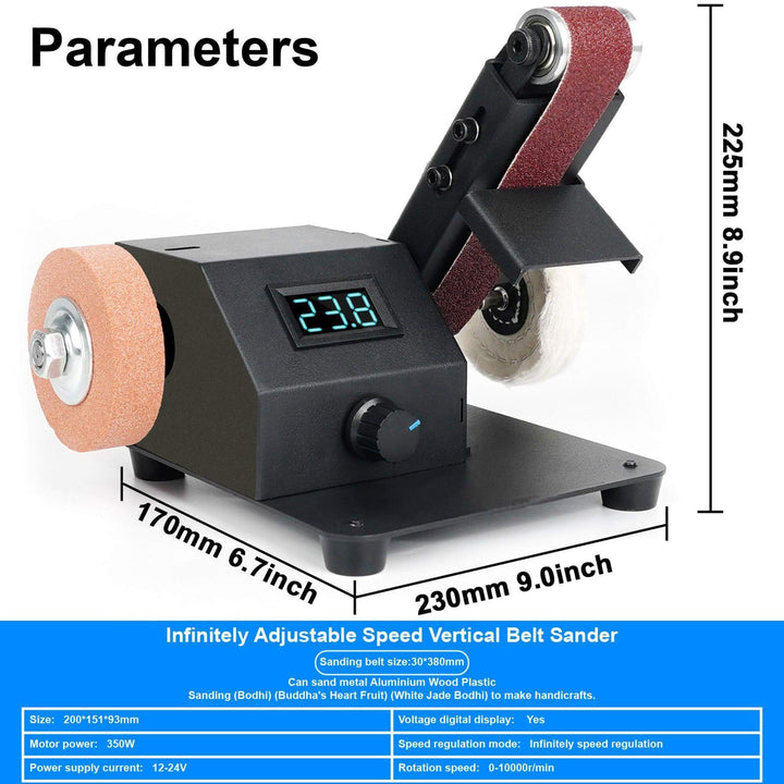 Vertical belt sander with digital display and adjustable speed, shown with dimensions on a white background. Twotrees Versatile Belt Sander Horizontal & Vertical Use with Stepless Speed Control for Polishing & Grinding | Twotrees CNC Router Parts Accessories