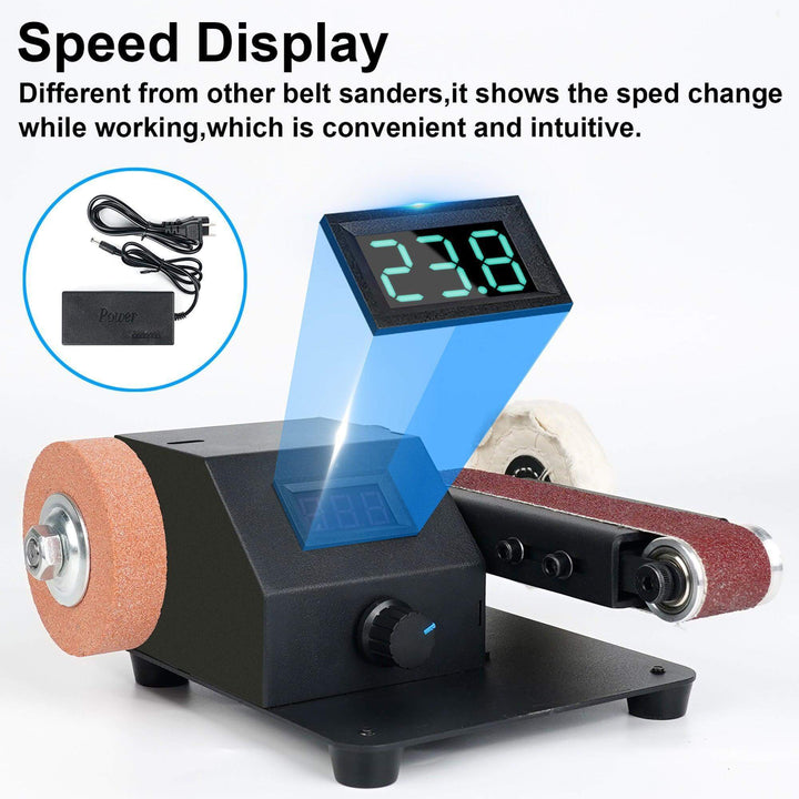 Belt sander with digital speed display and power adapter on a white background Twotrees Versatile Belt Sander Horizontal & Vertical Use with Stepless Speed Control for Polishing & Grinding | Twotrees CNC Router Parts Accessories