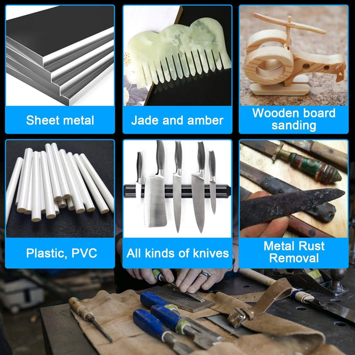 Collage of various tools and materials with labels including sheet metal, jade and amber, wooden board sanding, plastic PVC, all kinds of knives, and metal rust removal. Twotrees Versatile Belt Sander Horizontal & Vertical Use with Stepless Speed Control for Polishing & Grinding | Twotrees CNC Router Parts Accessories