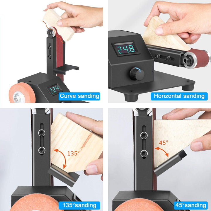 Sanding machine with digital display showing different sanding angles and directions. Twotrees Versatile Belt Sander Horizontal & Vertical Use with Stepless Speed Control for Polishing & Grinding | Twotrees CNC Router Parts Accessories