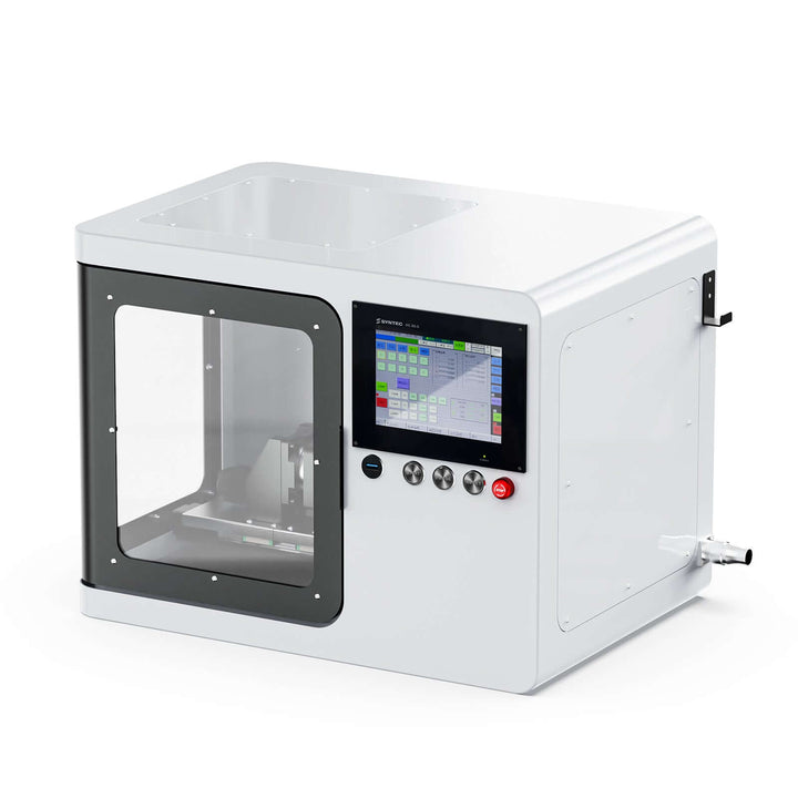 White industrial machine with a transparent front panel and digital display on a white background Twotrees X5 Advanced 5-Axis CNC Router Machine for Precision Crafting | Twotrees CNC Router
