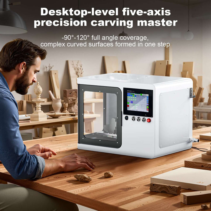 Person working with a five-axis precision carving machine in a workshop setting. Twotrees X5 Advanced 5-Axis CNC Router Machine for Precision Crafting | Twotrees CNC Router