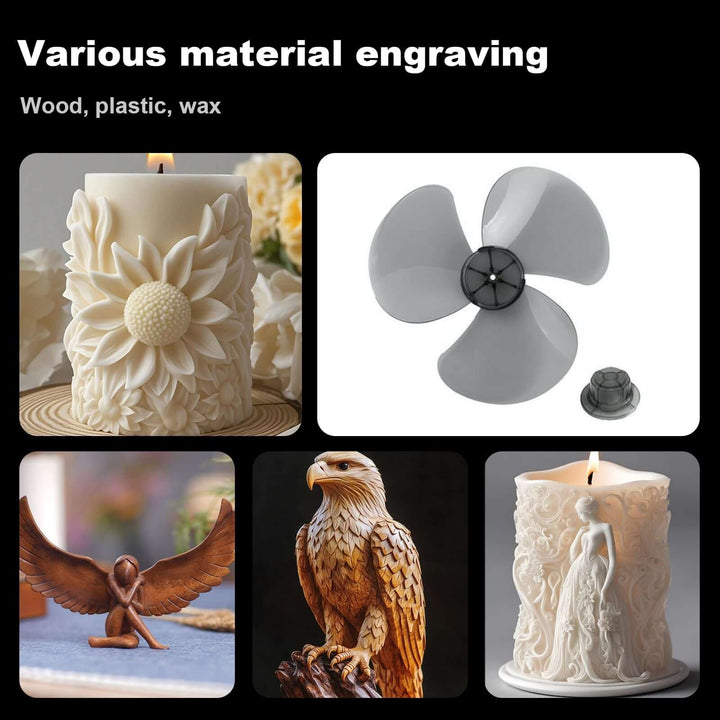 Collage of engraved items including a candle, propeller, and statues on a black background. Twotrees X5 Advanced 5-Axis CNC Router Machine for Precision Crafting | Twotrees CNC Router