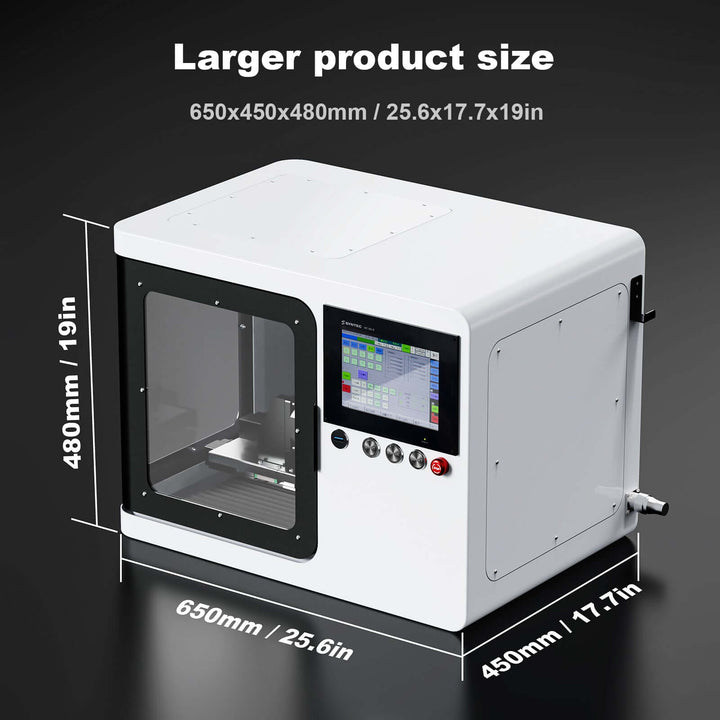 White industrial machine with dimensions displayed on a dark background Twotrees X5 Advanced 5-Axis CNC Router Machine for Precision Crafting | Twotrees CNC Router