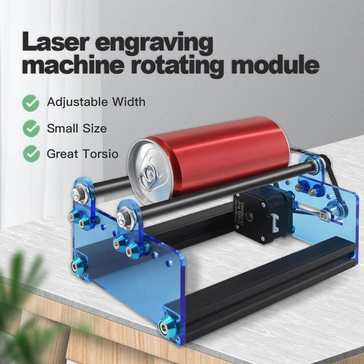 Laser engraving machine rotating module with features listed on a white background Twotrees Y-Axis Rotary Attachment for Laser Engraving | Twotrees Laser Engraver Parts Accessories