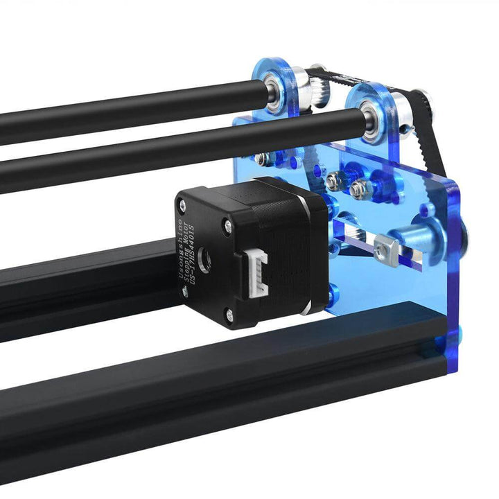 3D printer mechanism with black rods and blue acrylic frame on a white background Twotrees Y-Axis Rotary Attachment for Laser Engraving | Twotrees Laser Engraver Parts Accessories